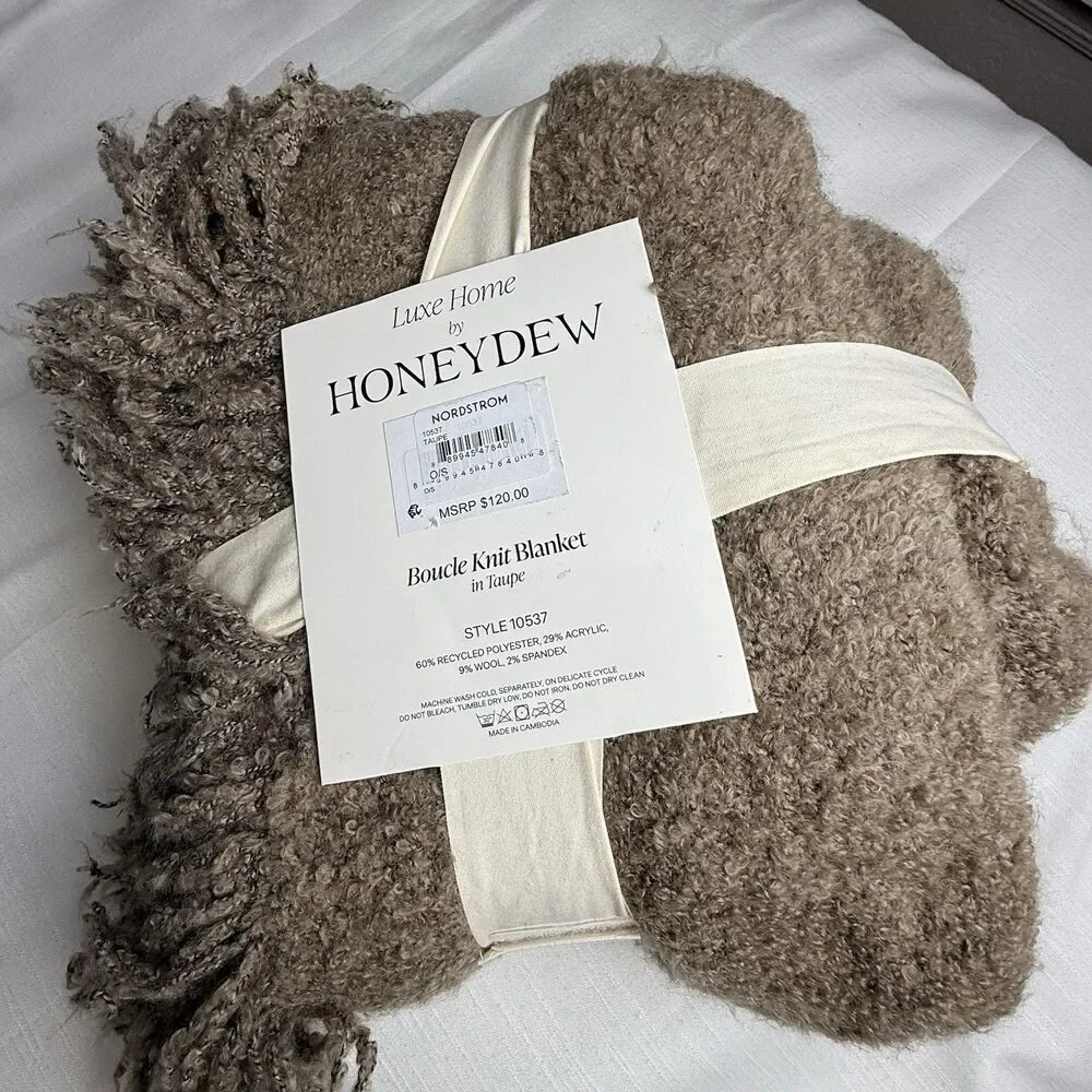 Luxe Home By Honeydew Boucle Knit Standard Throw Fringe Blanket Taupe 50”x60 New